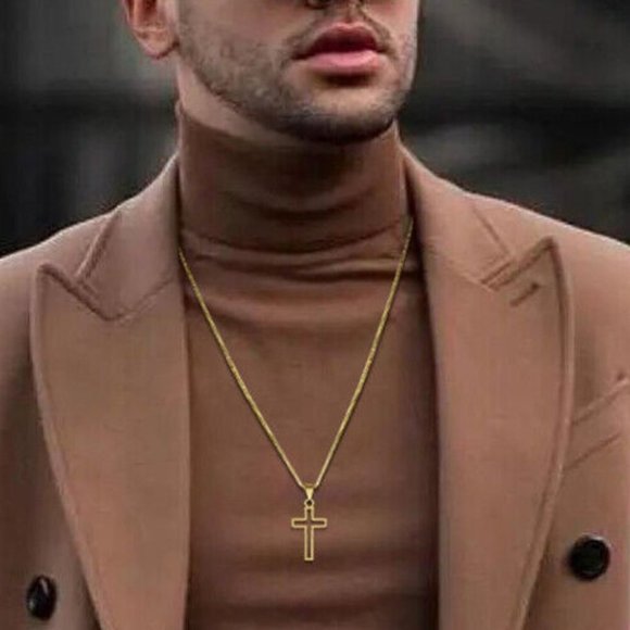 New Men's 18k Gold Over Silver Cross Necklace - Picture 3 of 5